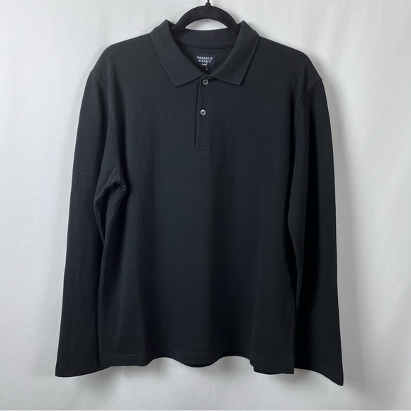 Men’s long sleeves polo style shirt. Cotton Black. Korean brand Romantic Pirates - Picture 3 of 8